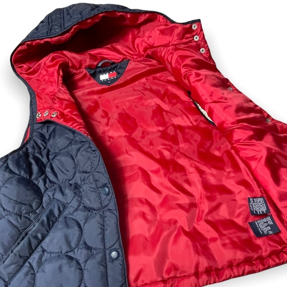 Vintage Tommy Hilfiger Light Weight Hooded Puffer Vest Navy Red Circle Pattern - Picture 5 of 14